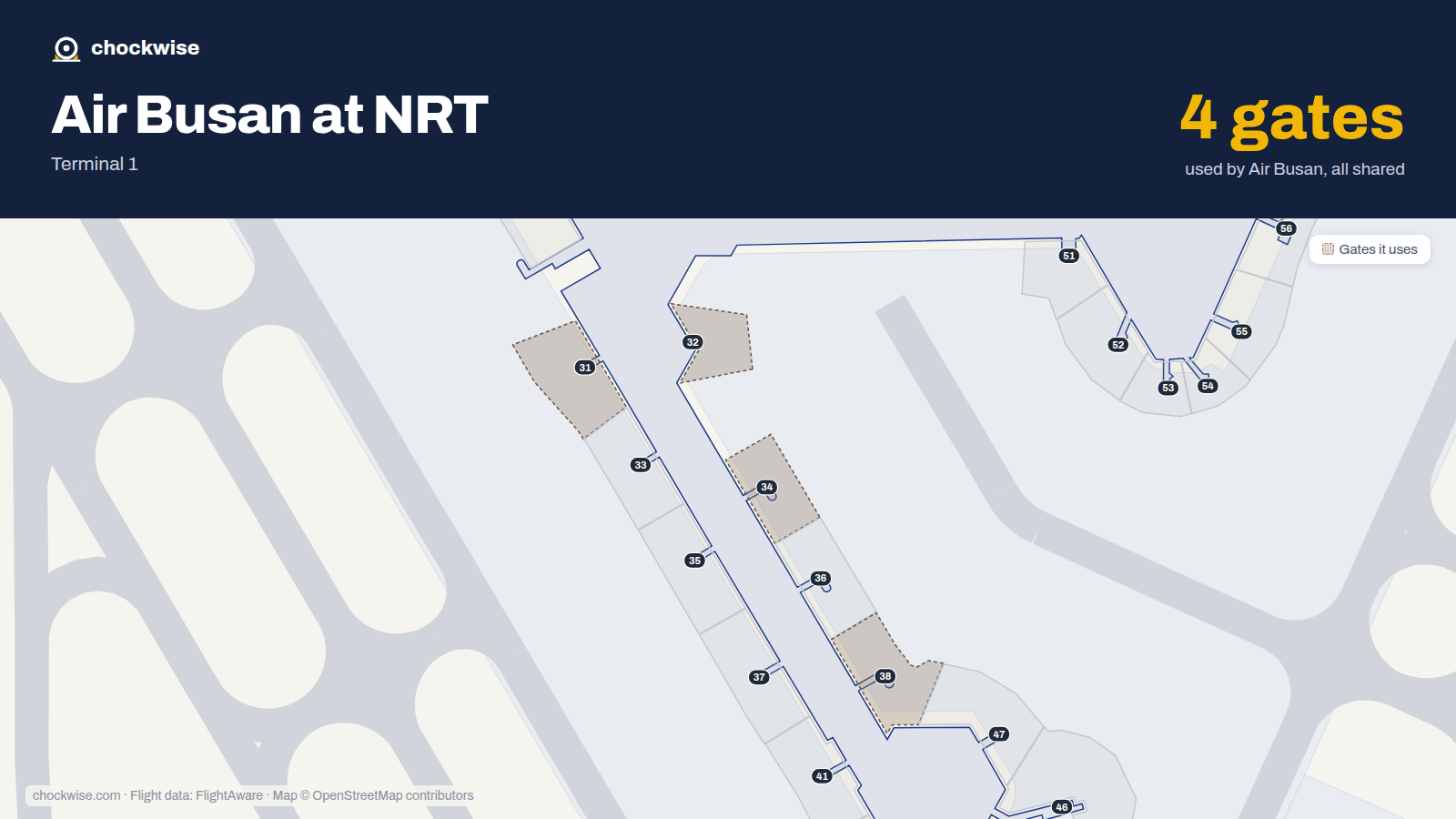 Map of NRT with the gates Air Busan uses highlighted: 31, 32, 34 and 38.