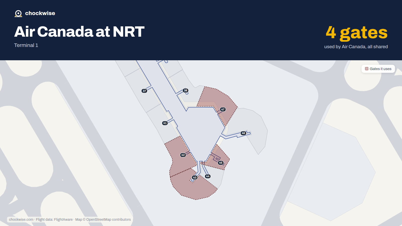 Map of NRT with the gates Air Canada uses highlighted: 42, 43, 45 and 47.