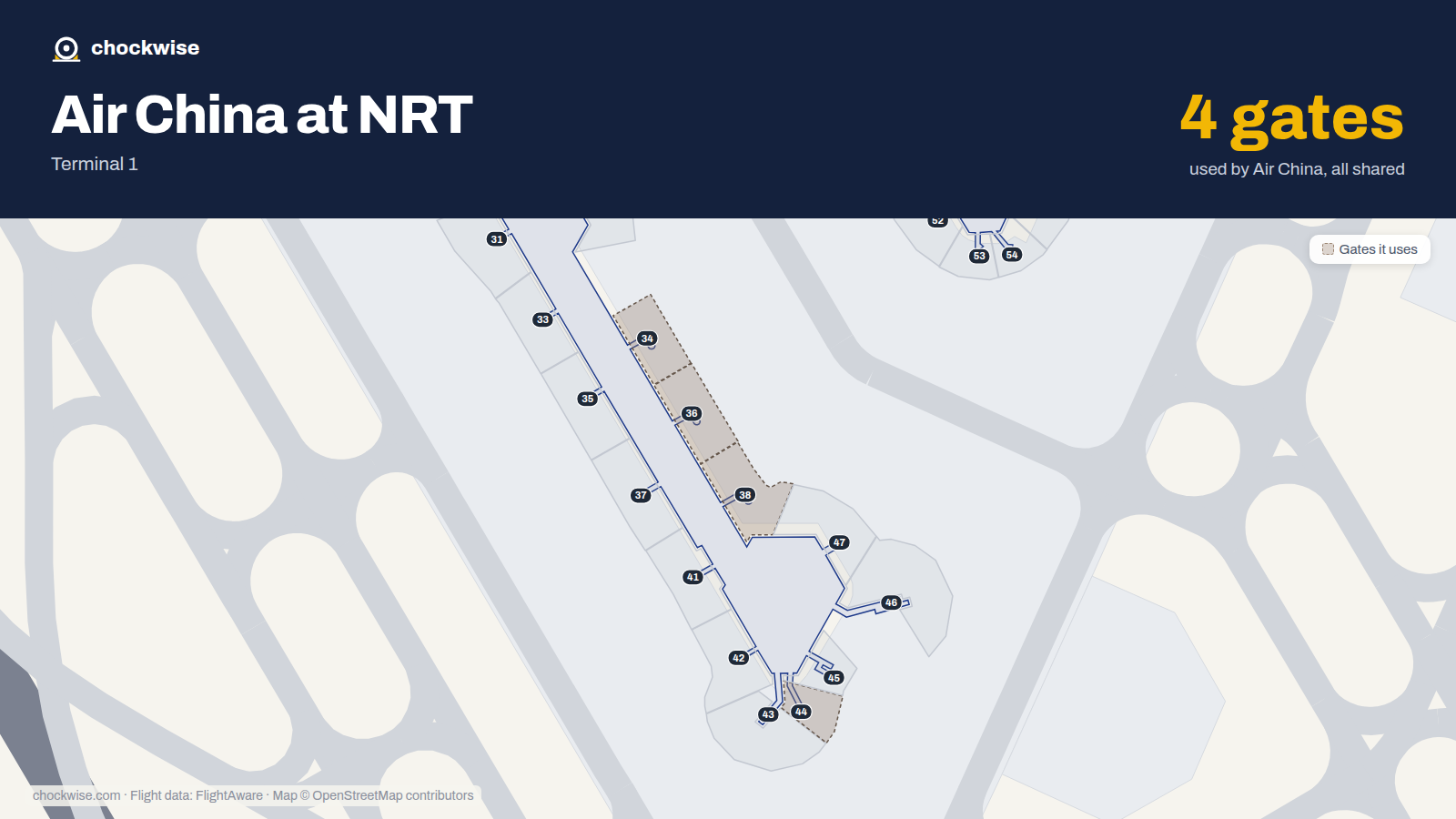 Map of NRT with the gates Air China uses highlighted: 34, 36, 38 and 44.