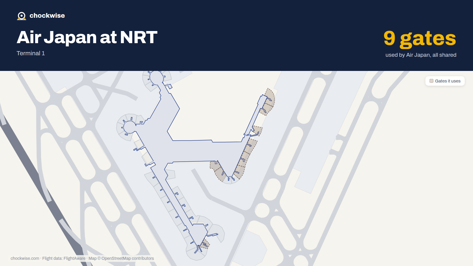 Map of NRT with the gates Air Japan uses highlighted: 45, 51, 52, 55, 56, 57A, 57B, 58A and 1 more.