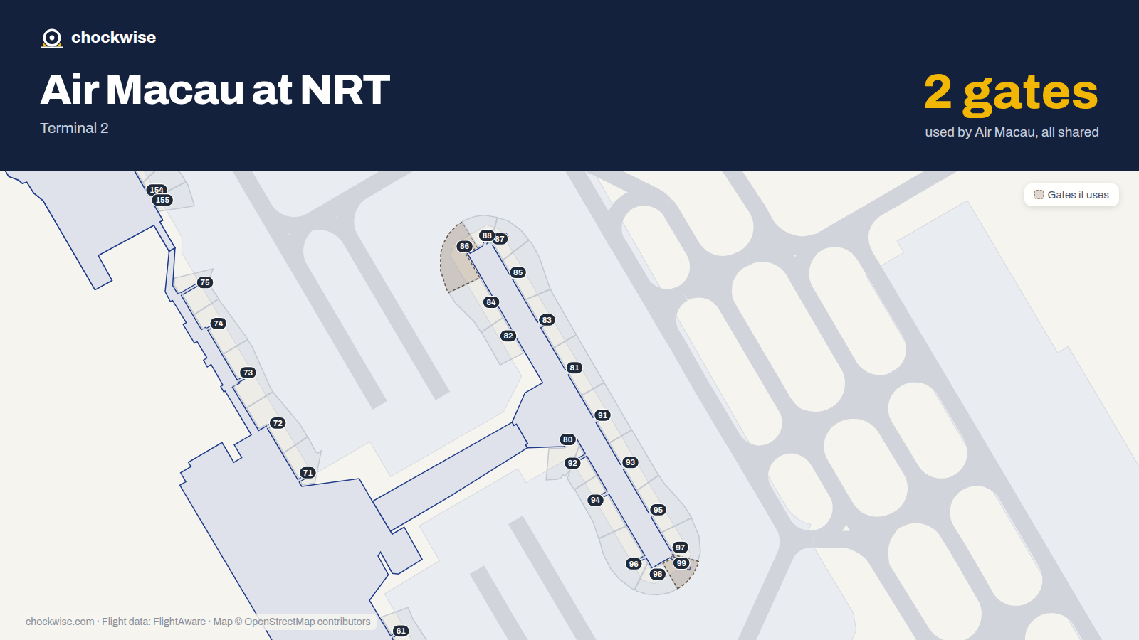 Map of NRT with the gates Air Macau uses highlighted: 86 and 99.