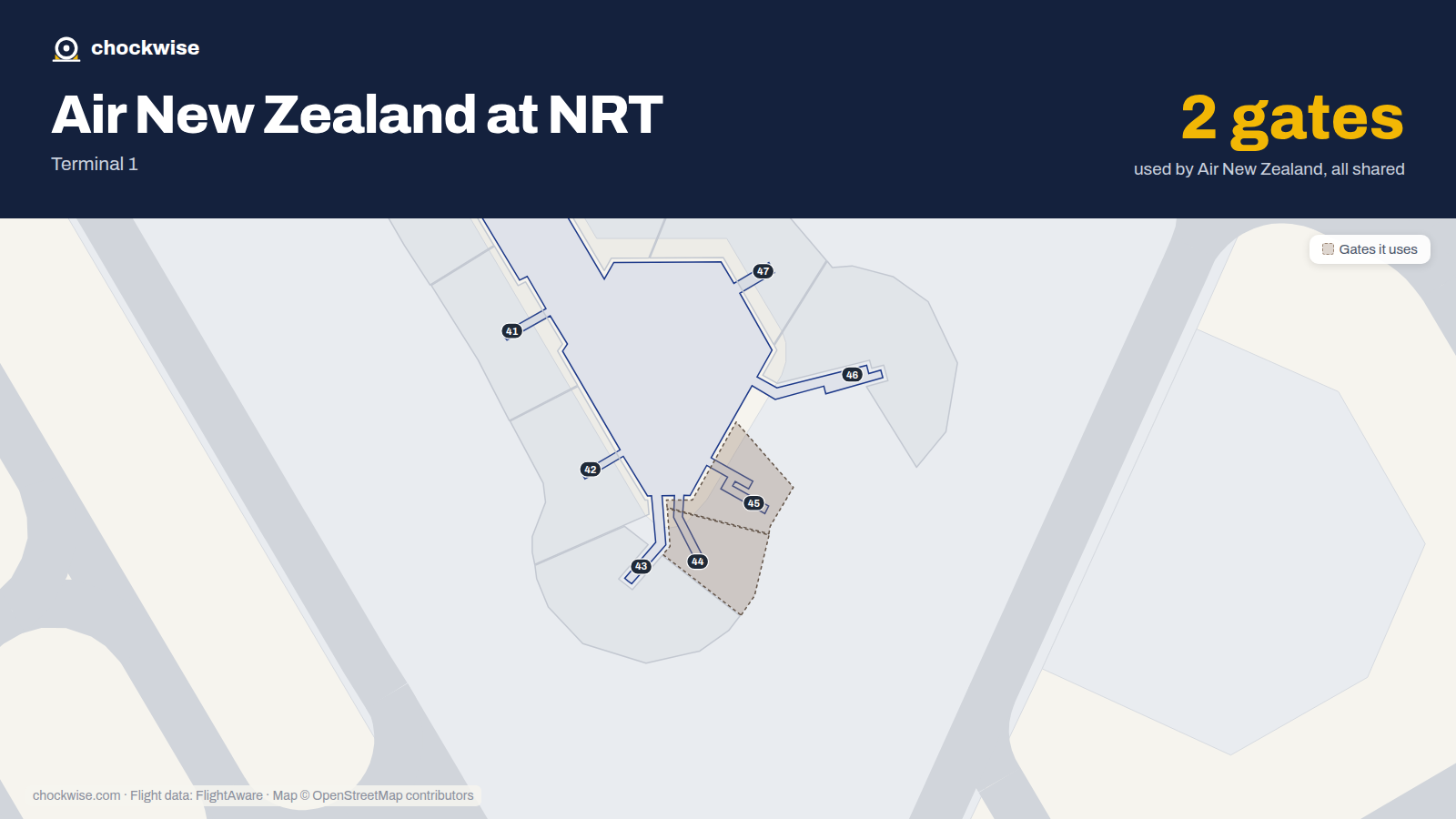 Map of NRT with the gates Air New Zealand uses highlighted: 44 and 45.