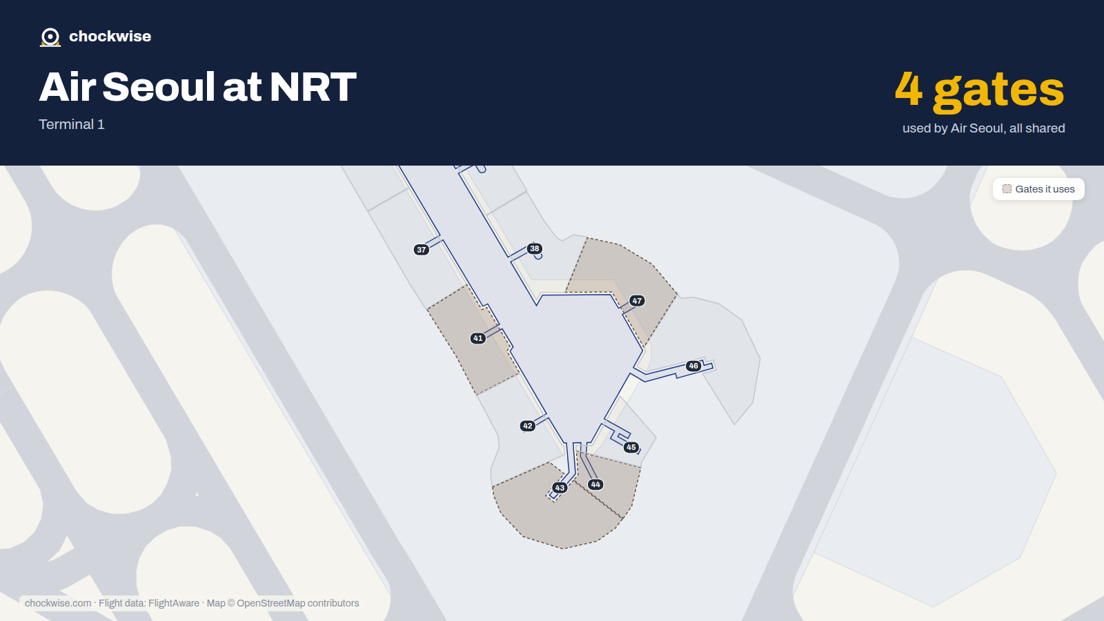 Map of NRT with the gates Air Seoul uses highlighted: 41, 43, 44 and 47.