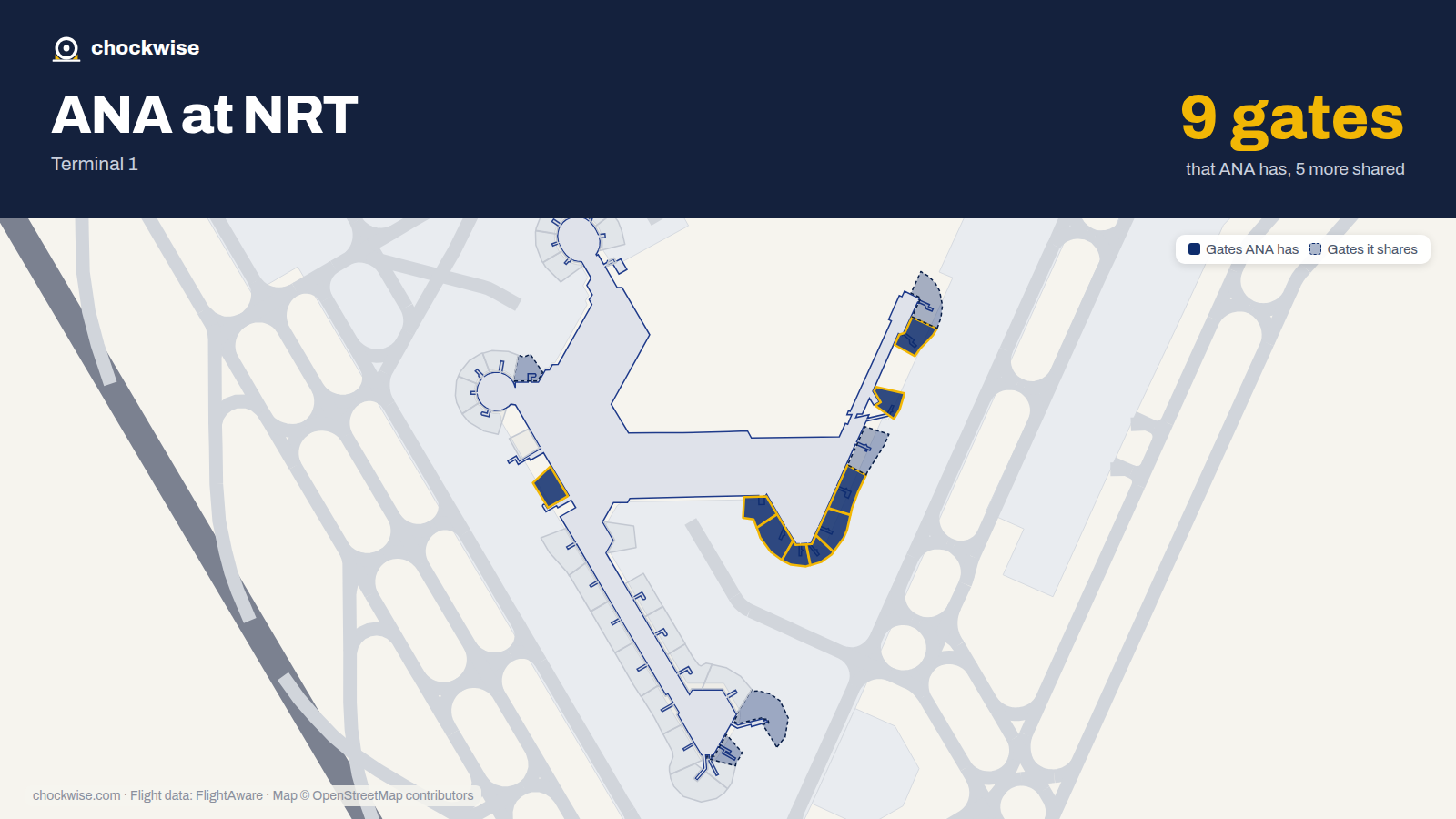 Map of NRT with the gates All Nippon Airways (ANA) uses highlighted: 27, 51, 52, 53, 54, 55, 56, 57B and 1 more.