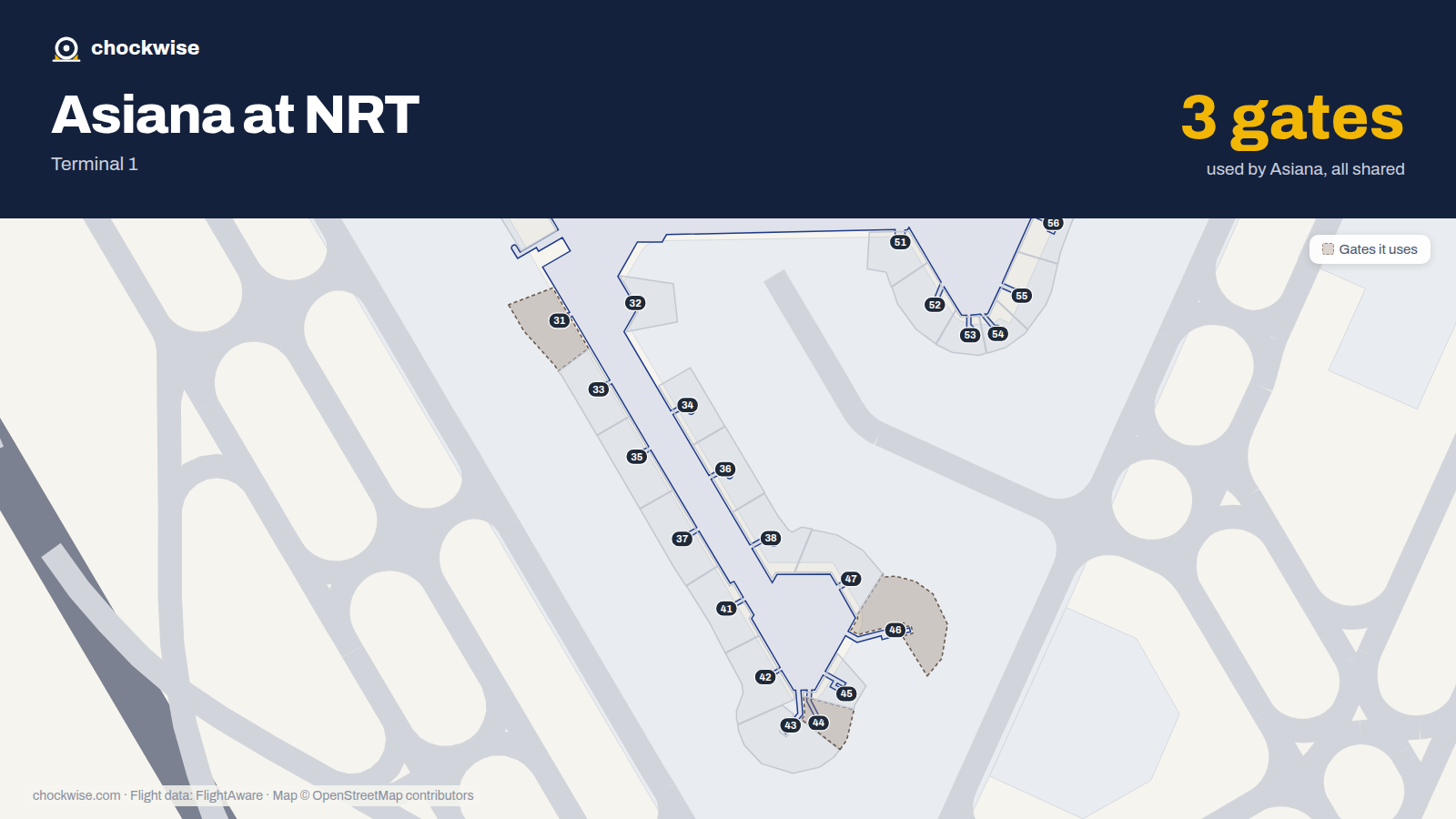 Map of NRT with the gates Asiana Airlines uses highlighted: 31, 44 and 46.