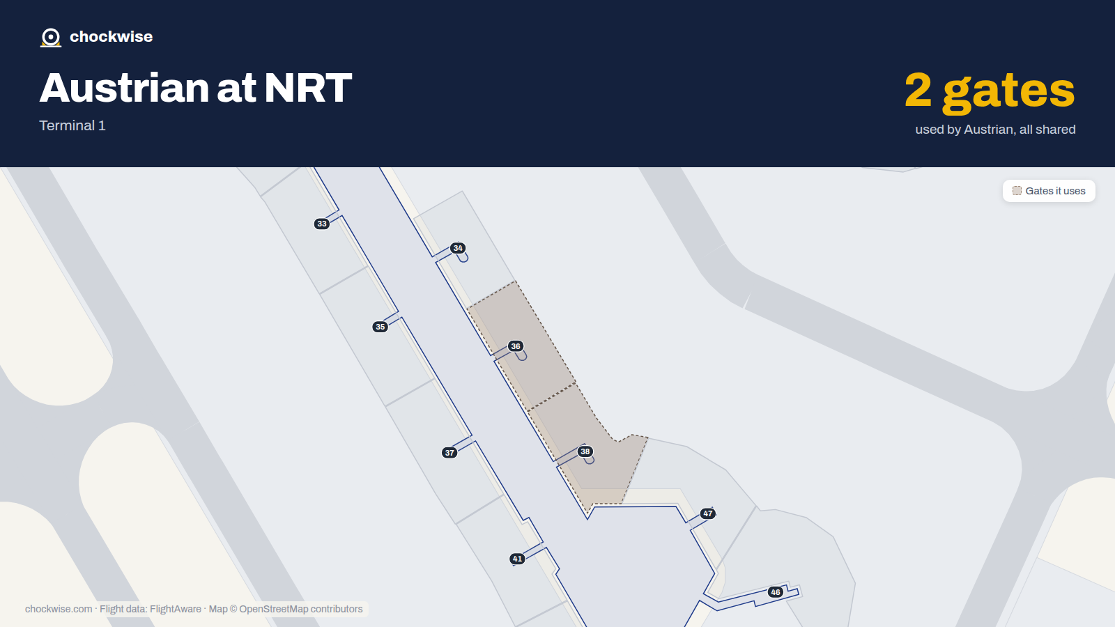 Map of NRT with the gates Austrian Airlines uses highlighted: 36 and 38.