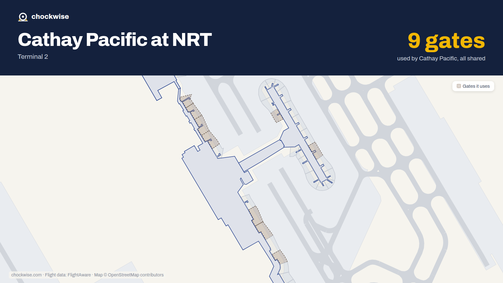 Map of NRT with the gates Cathay Pacific uses highlighted: 62, 63, 65, 72, 73, 74, 75, 82 and 1 more.