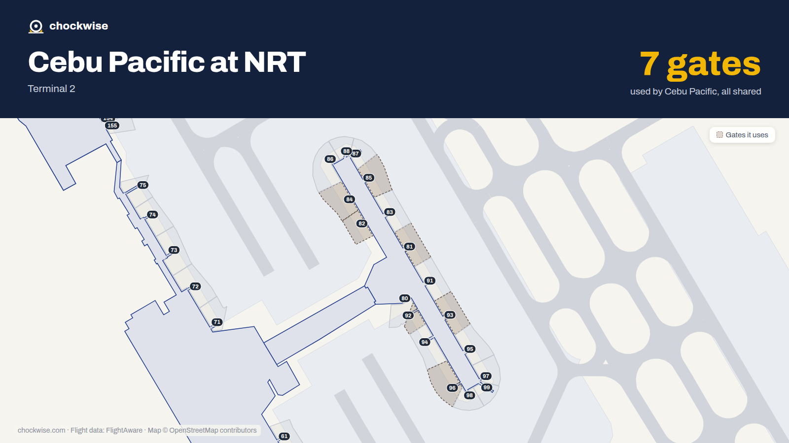 Map of NRT with the gates Cebu Pacific uses highlighted: 81, 82, 84, 85, 92, 93 and 96.