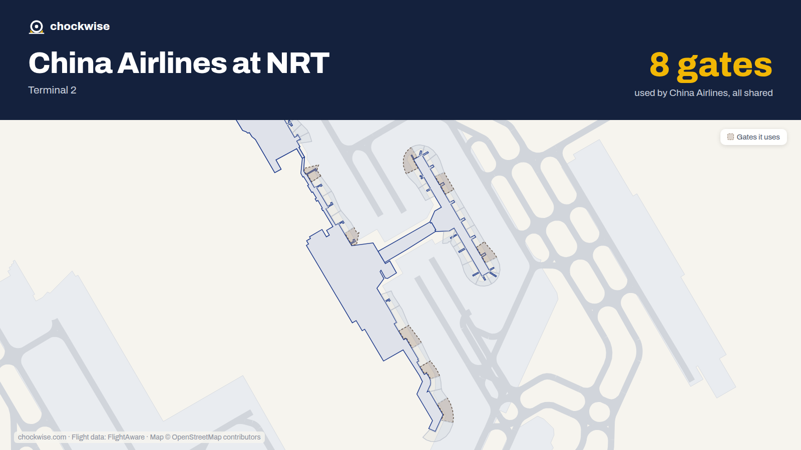 Map of NRT with the gates China Airlines uses highlighted: 63, 65, 67A, 71, 75, 83, 86 and 95.