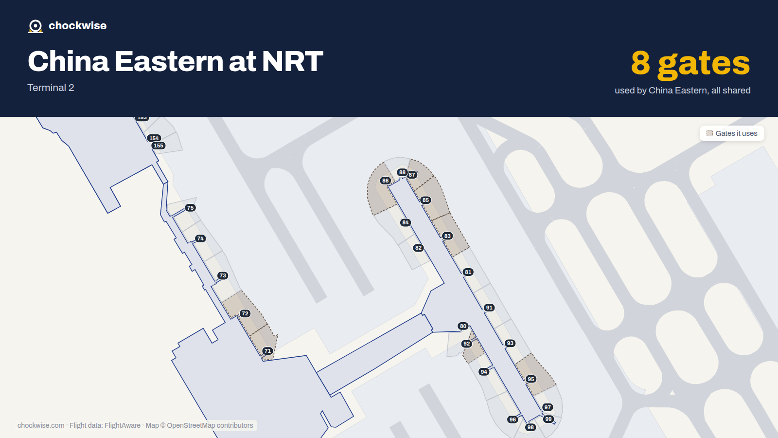 Map of NRT with the gates China Eastern uses highlighted: 71, 72, 83, 85, 86, 87, 92 and 95.