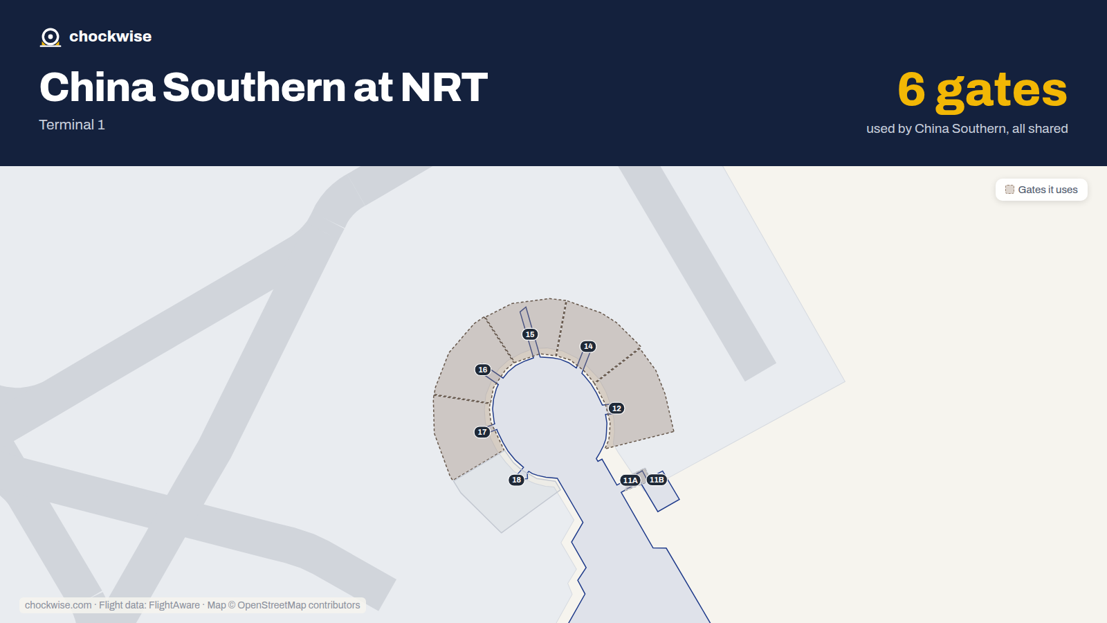 Map of NRT with the gates China Southern uses highlighted: 11A, 12, 14, 15, 16 and 17.