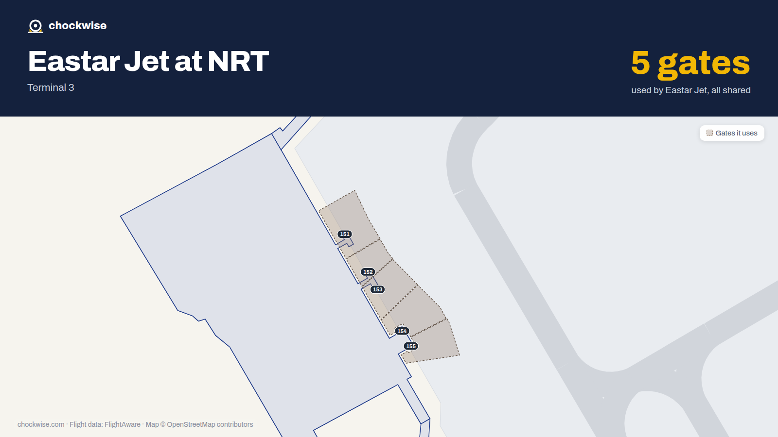 Map of NRT with the gates Eastar Jet uses highlighted: 151, 152, 153, 154 and 155.
