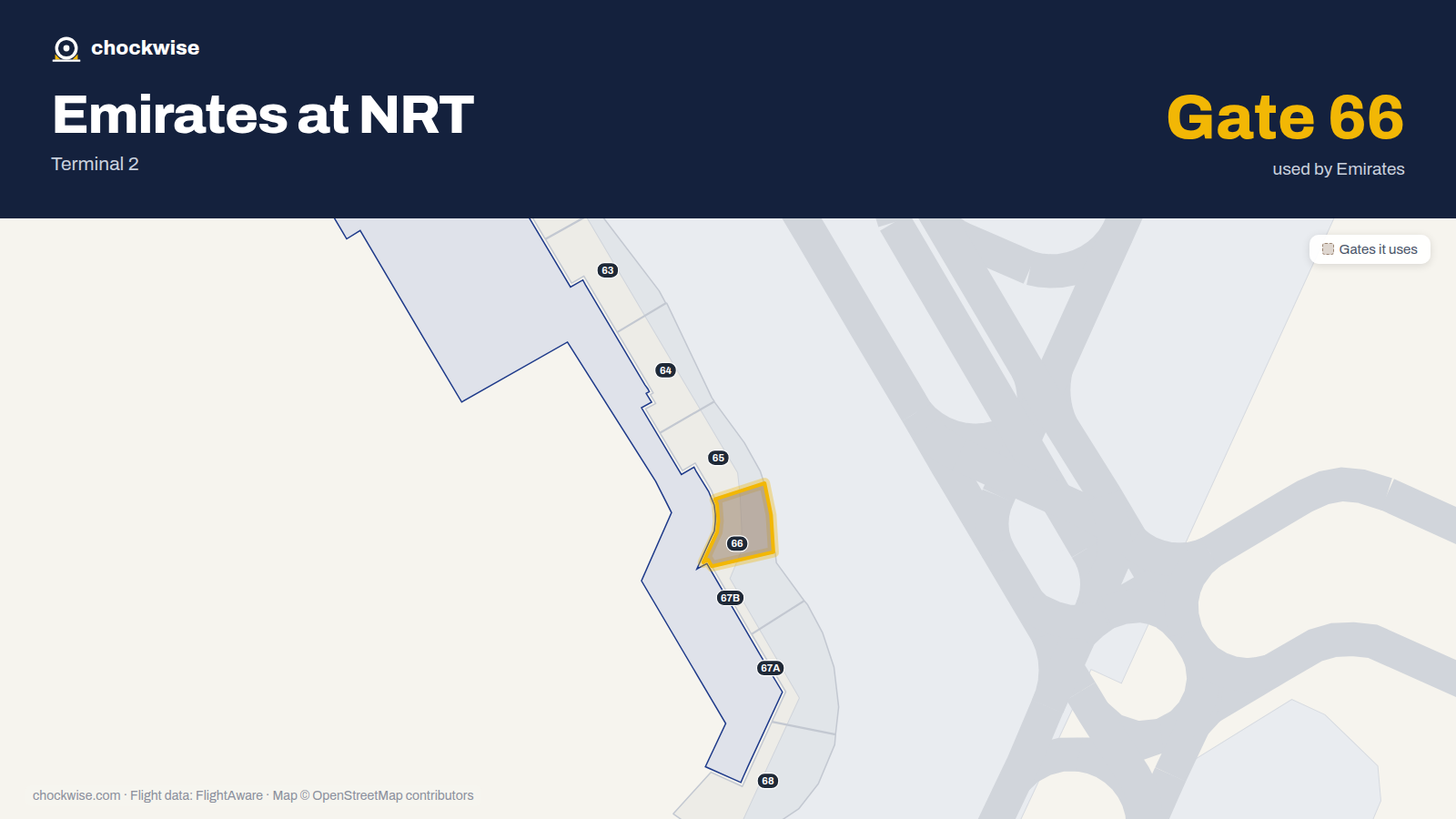 Map of NRT with the gates Emirates uses highlighted: 66.