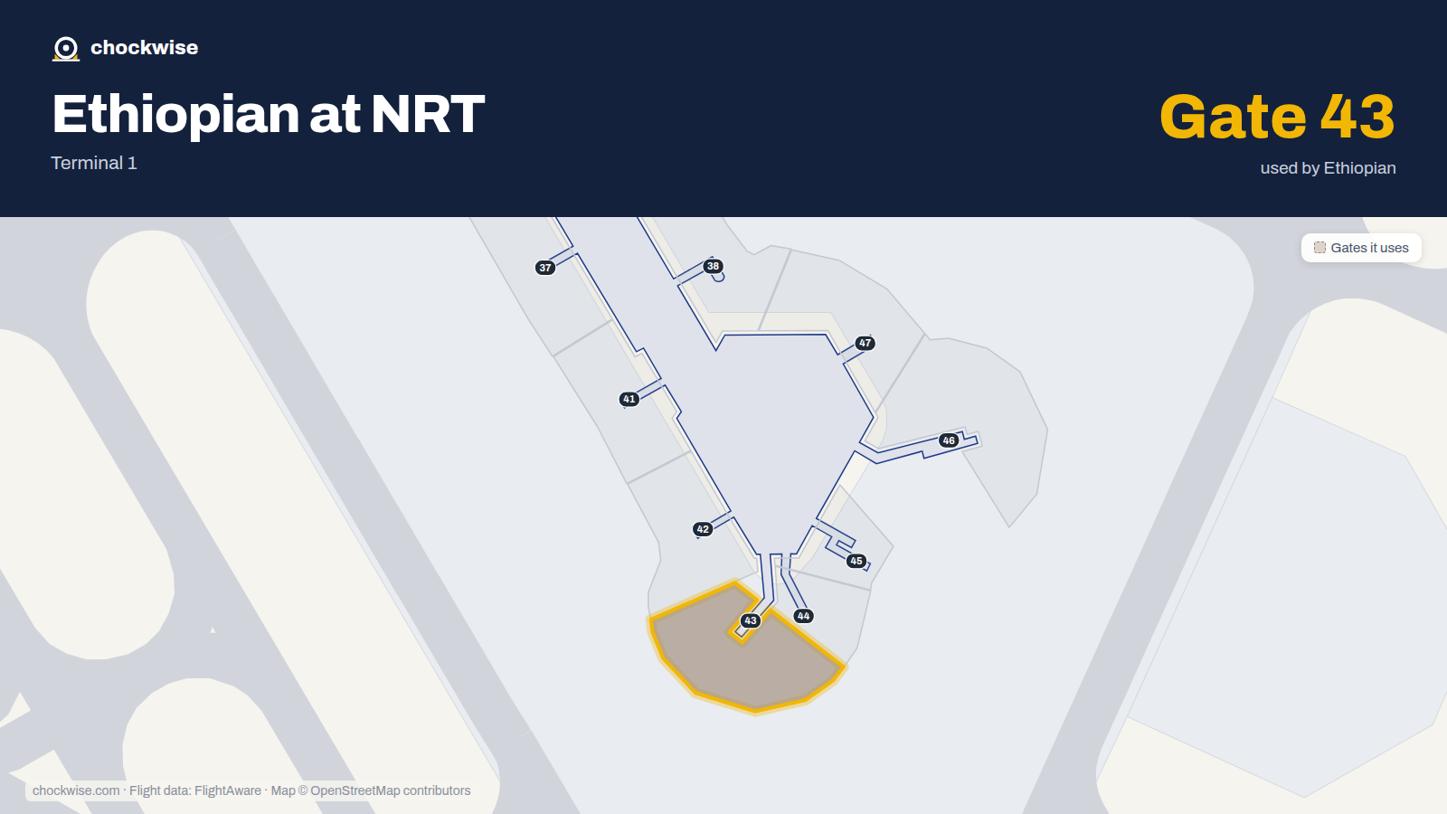 Map of NRT with the gates Ethiopian Airlines uses highlighted: 43.