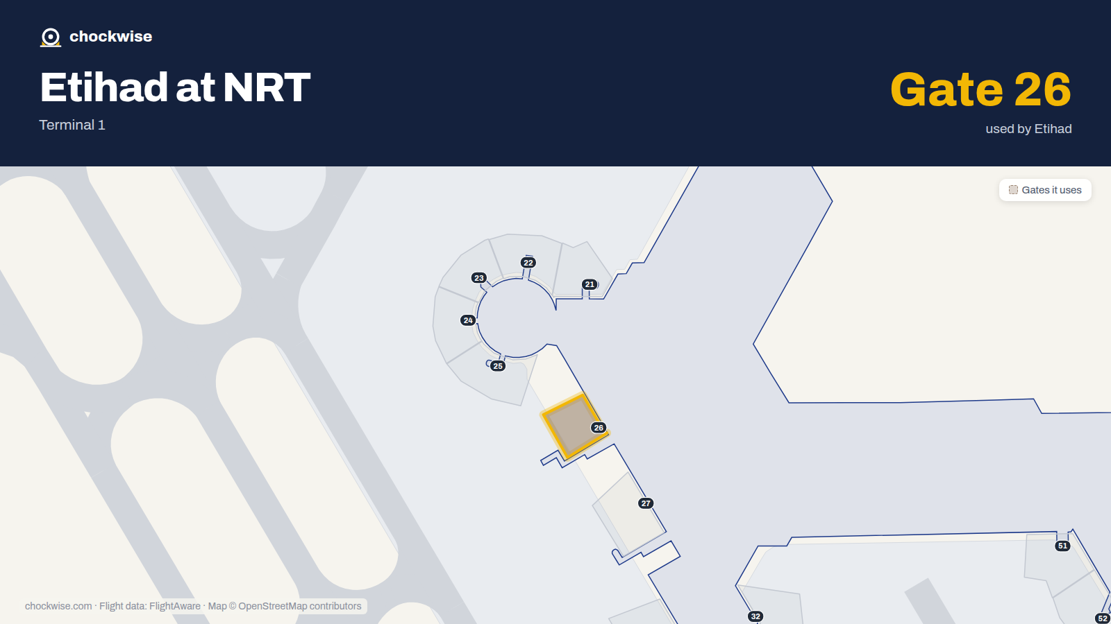 Map of NRT with the gates Etihad Airways uses highlighted: 26.