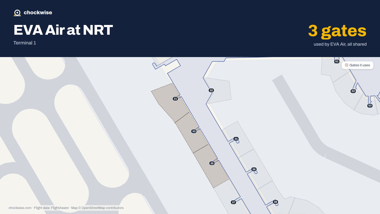 Map of NRT with the gates EVA Air uses highlighted: 31, 33 and 35.