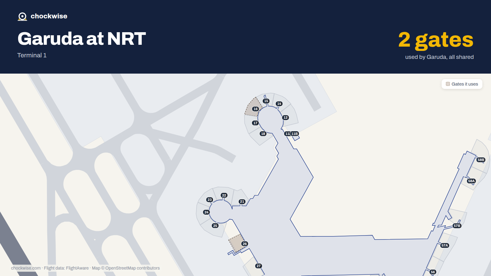 Map of NRT with the gates Garuda Indonesia uses highlighted: 16 and 26.