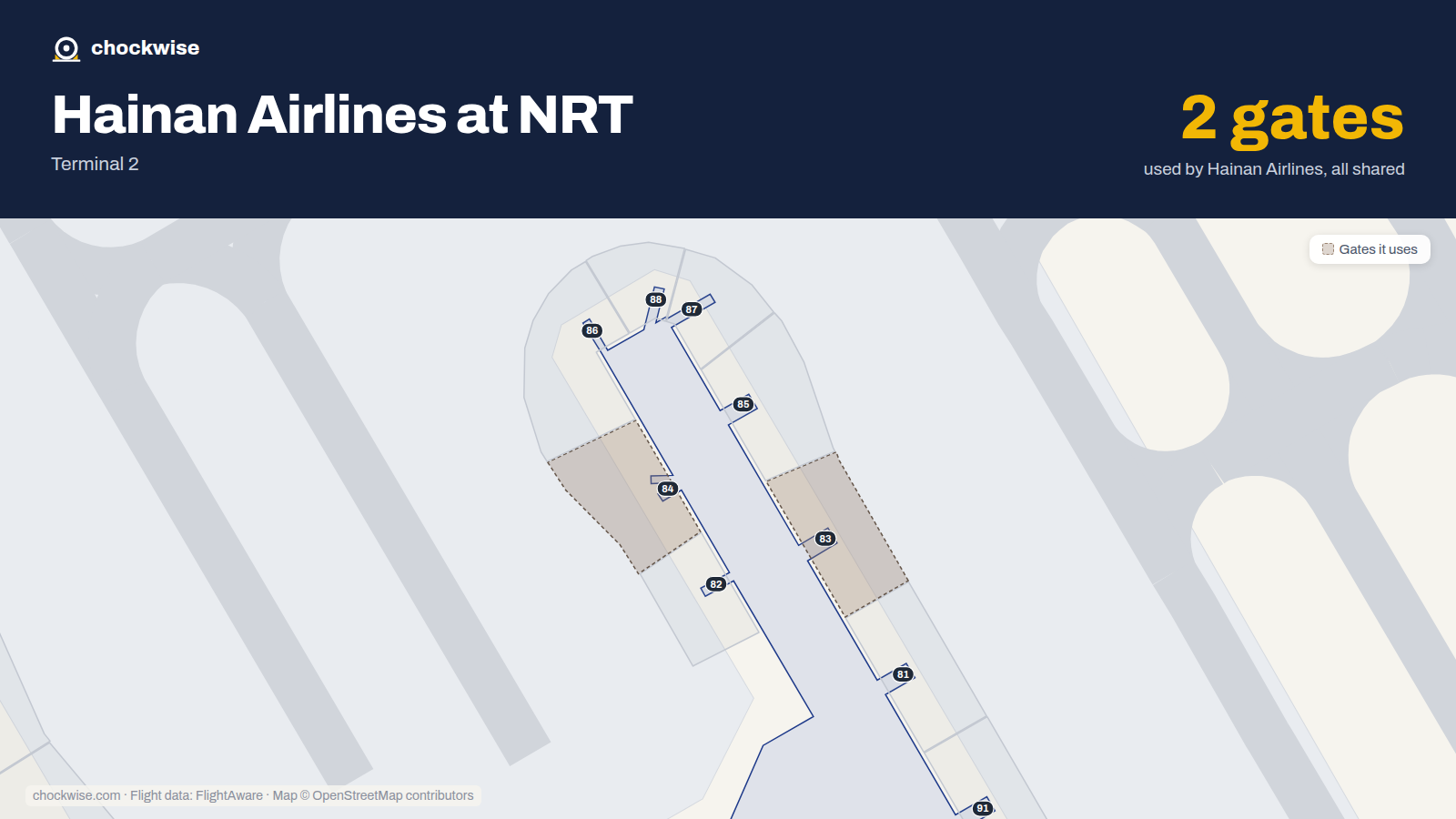 Map of NRT with the gates Hainan Airlines uses highlighted: 83 and 84.