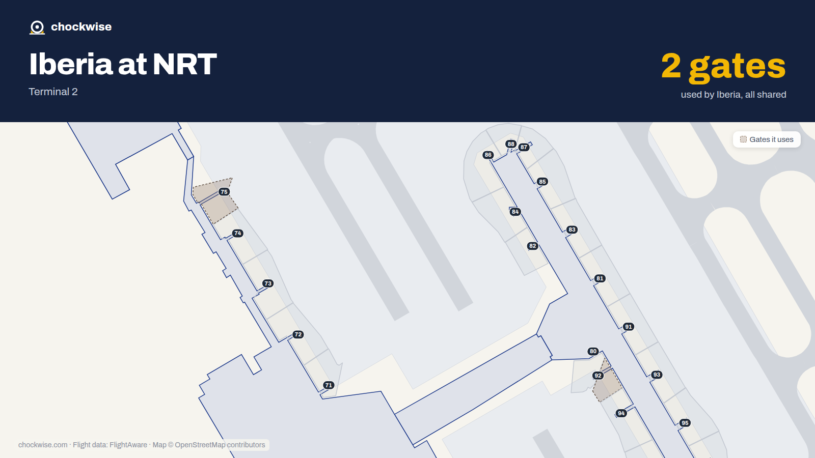Map of NRT with the gates Iberia uses highlighted: 75 and 92.