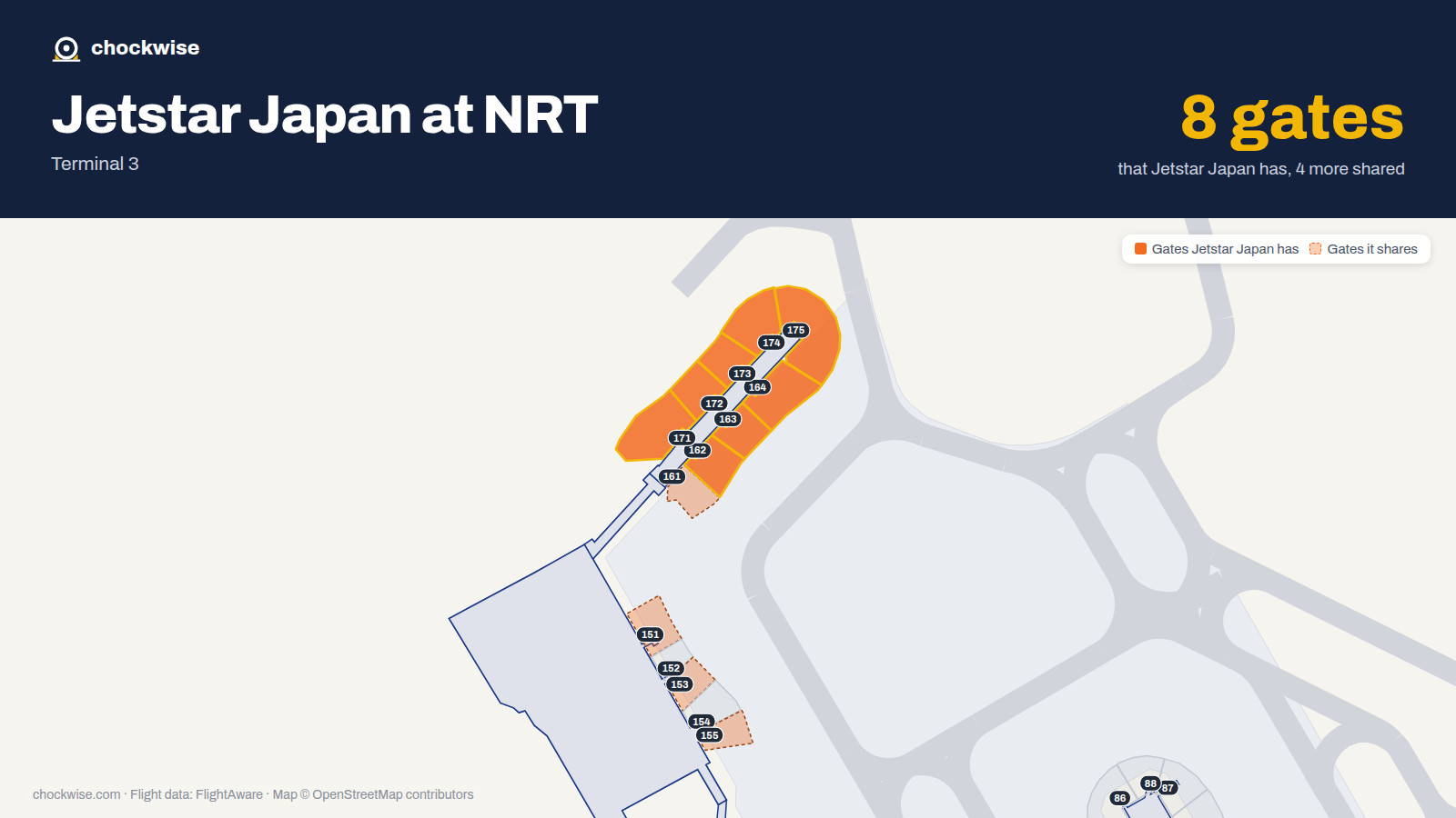 Map of NRT with the gates Jetstar Japan uses highlighted: 162, 163, 164, 171, 172, 173, 174 and 175.