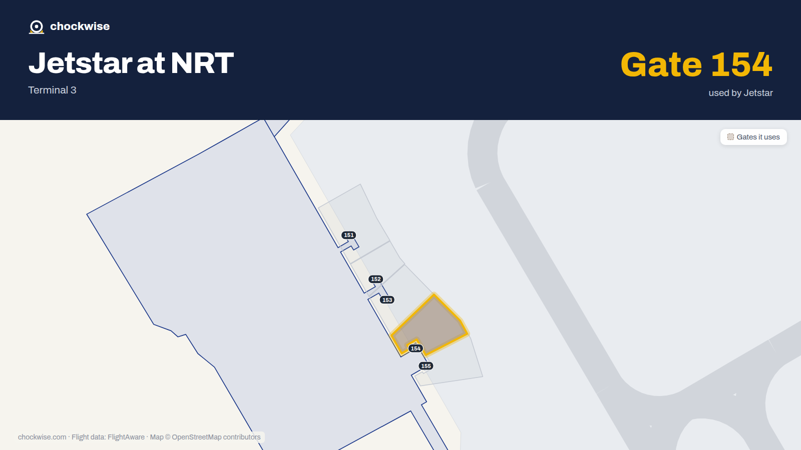 Map of NRT with the gates Jetstar uses highlighted: 154.