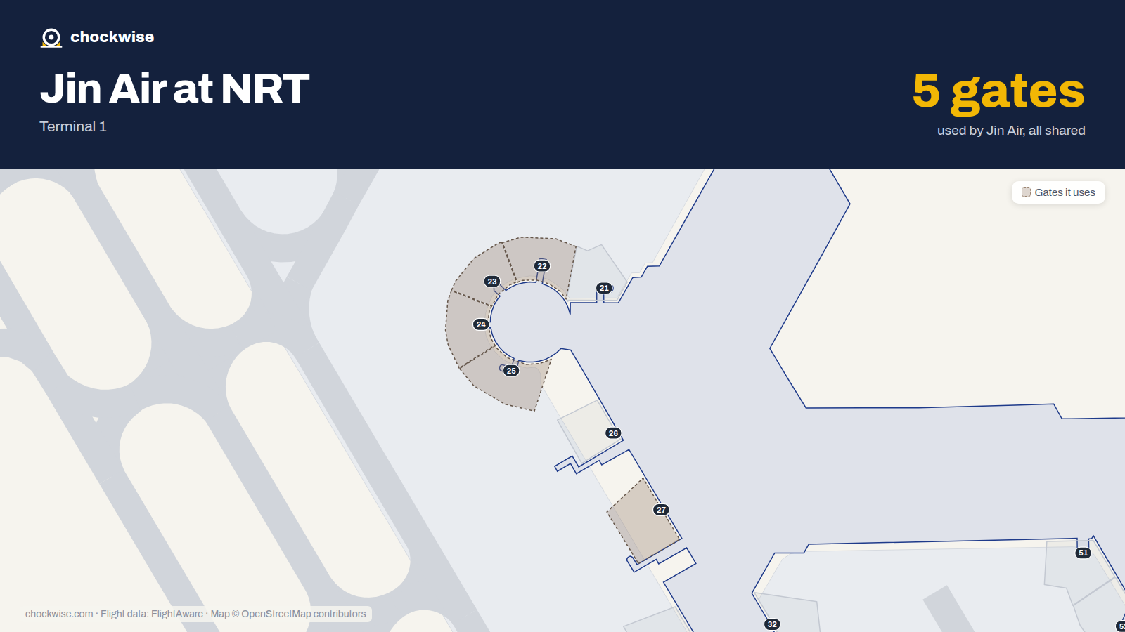 Map of NRT with the gates Jin Air uses highlighted: 22, 23, 24, 25 and 27.