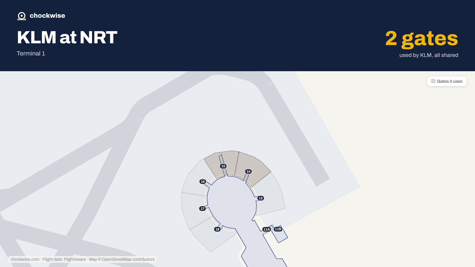 Map of NRT with the gates KLM uses highlighted: 14 and 15.