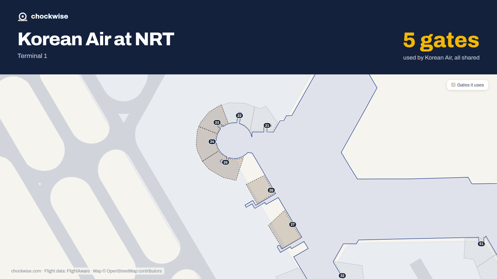 Map of NRT with the gates Korean Air uses highlighted: 23, 24, 25, 26 and 27.