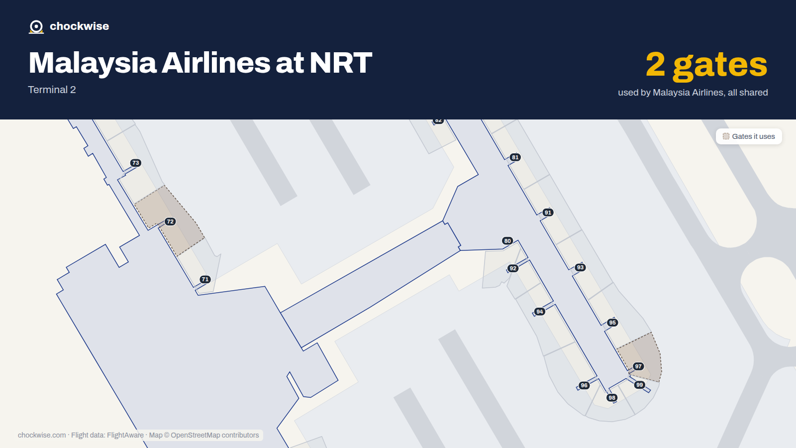 Map of NRT with the gates Malaysia Airlines uses highlighted: 72 and 97.