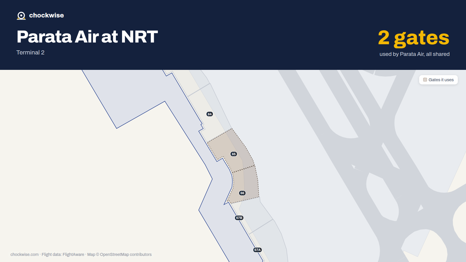 Map of NRT with the gates Parata Air uses highlighted: 65 and 66.