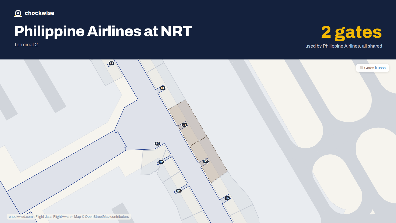 Map of NRT with the gates Philippine Airlines uses highlighted: 91 and 93.