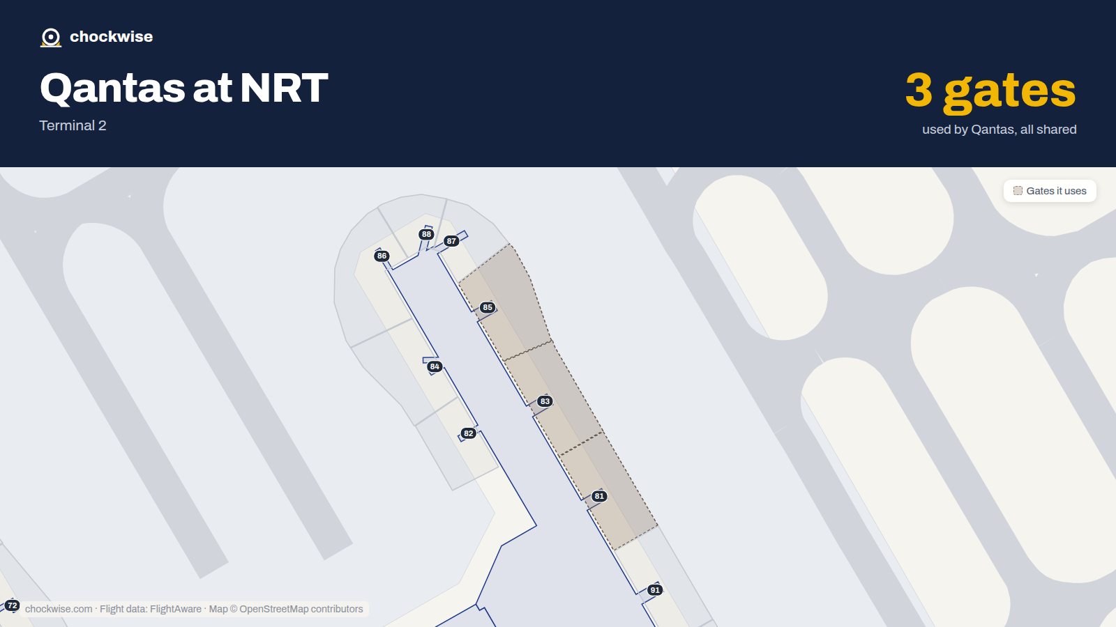 Map of NRT with the gates Qantas uses highlighted: 81, 83 and 85.