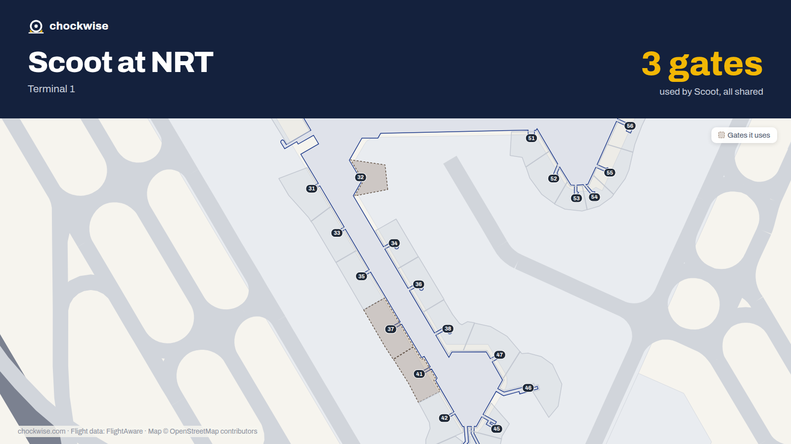 Map of NRT with the gates Scoot uses highlighted: 32, 37 and 41.