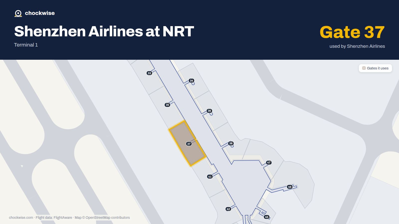 Map of NRT with the gates Shenzhen Airlines uses highlighted: 37.