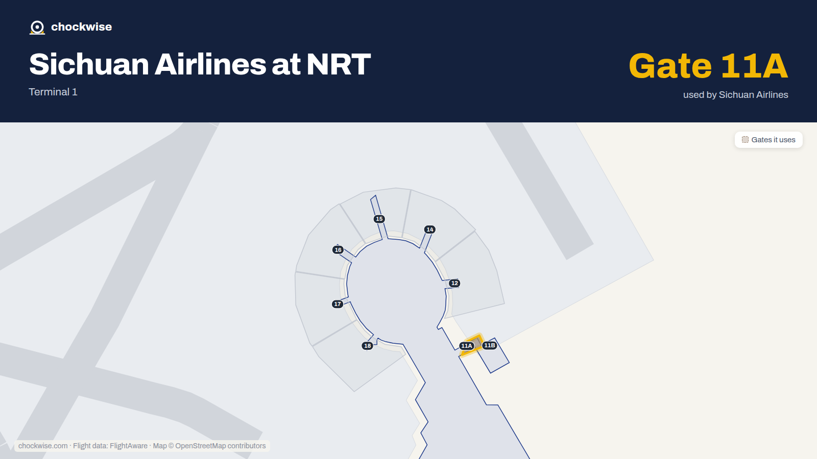 Map of NRT with the gates Sichuan Airlines uses highlighted: 11A.