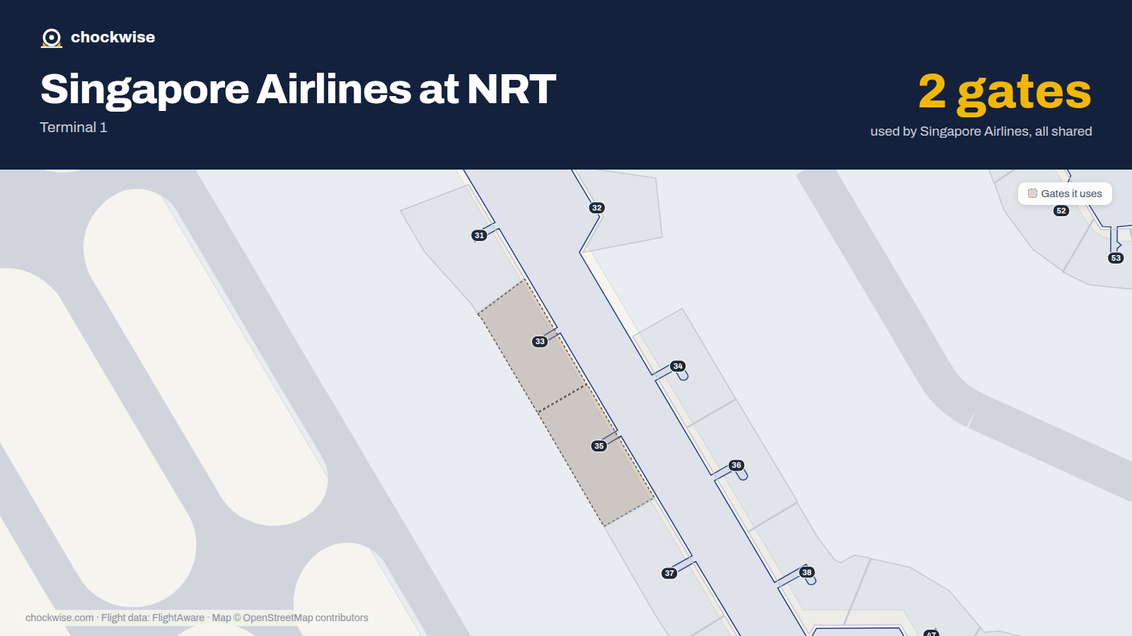 Map of NRT with the gates Singapore Airlines uses highlighted: 33 and 35.