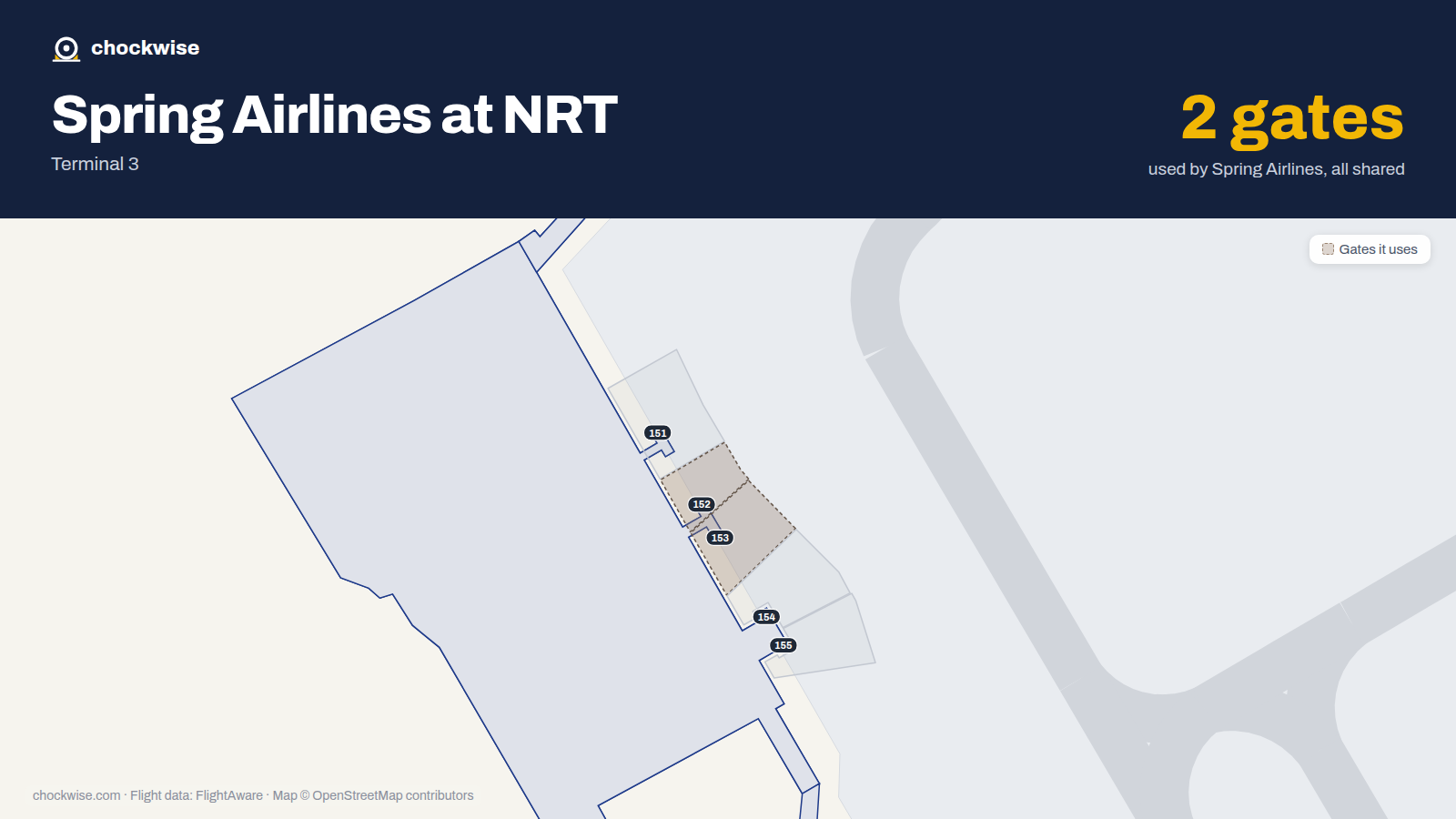 Map of NRT with the gates Spring Airlines uses highlighted: 152 and 153.