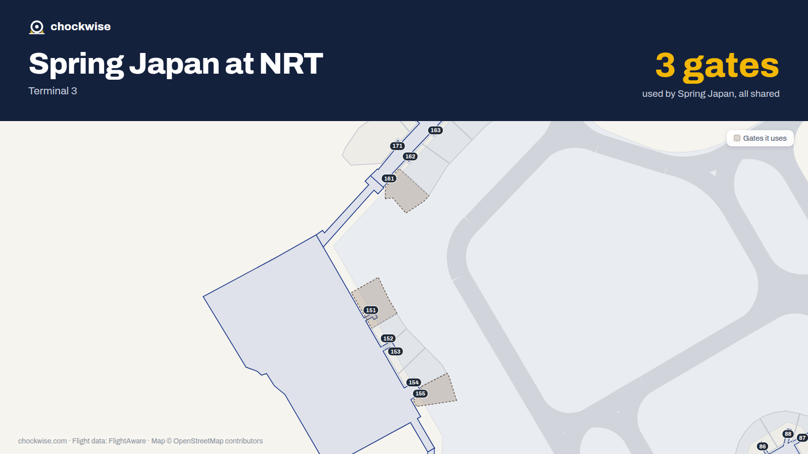 Map of NRT with the gates Spring Japan uses highlighted: 151, 155 and 161.