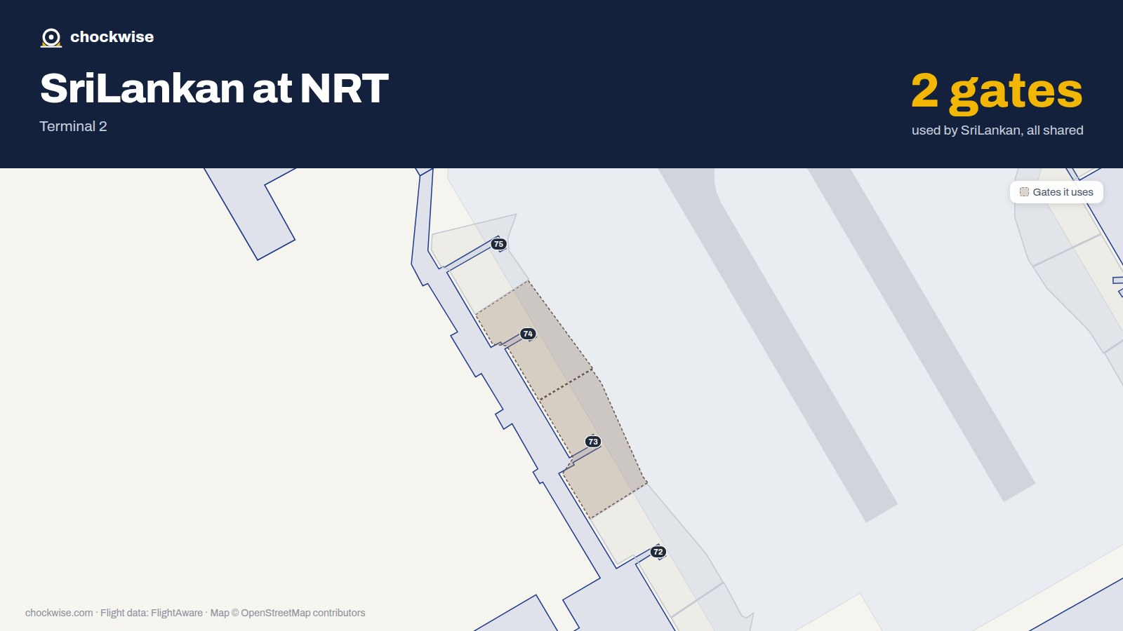 Map of NRT with the gates SriLankan Airlines uses highlighted: 73 and 74.