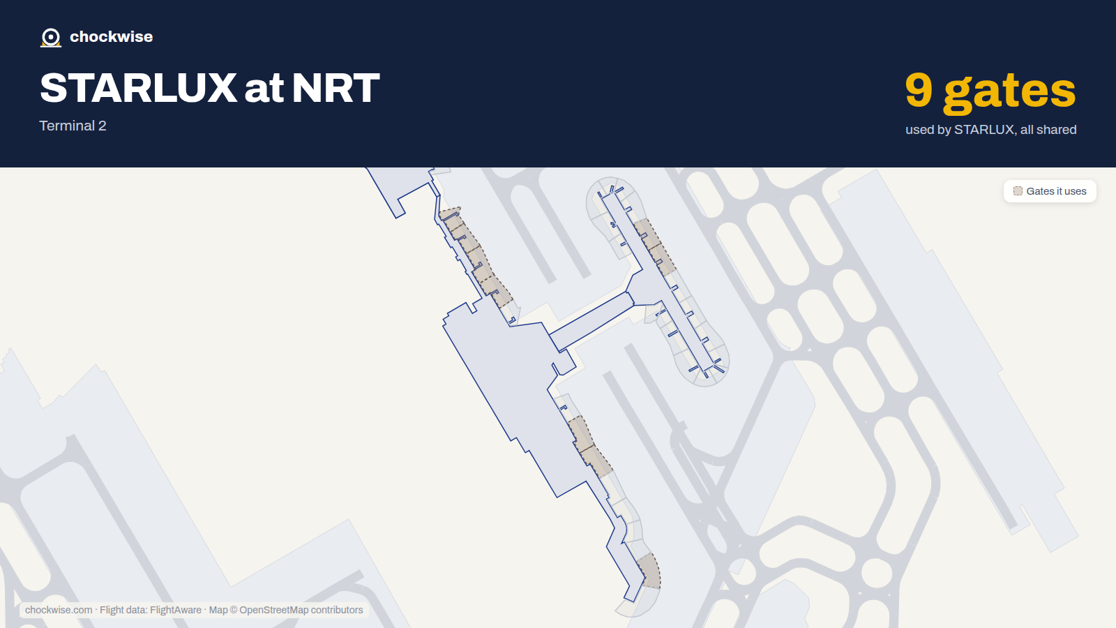 Map of NRT with the gates STARLUX Airlines uses highlighted: 62, 63, 67A, 72, 73, 74, 75, 81 and 1 more.