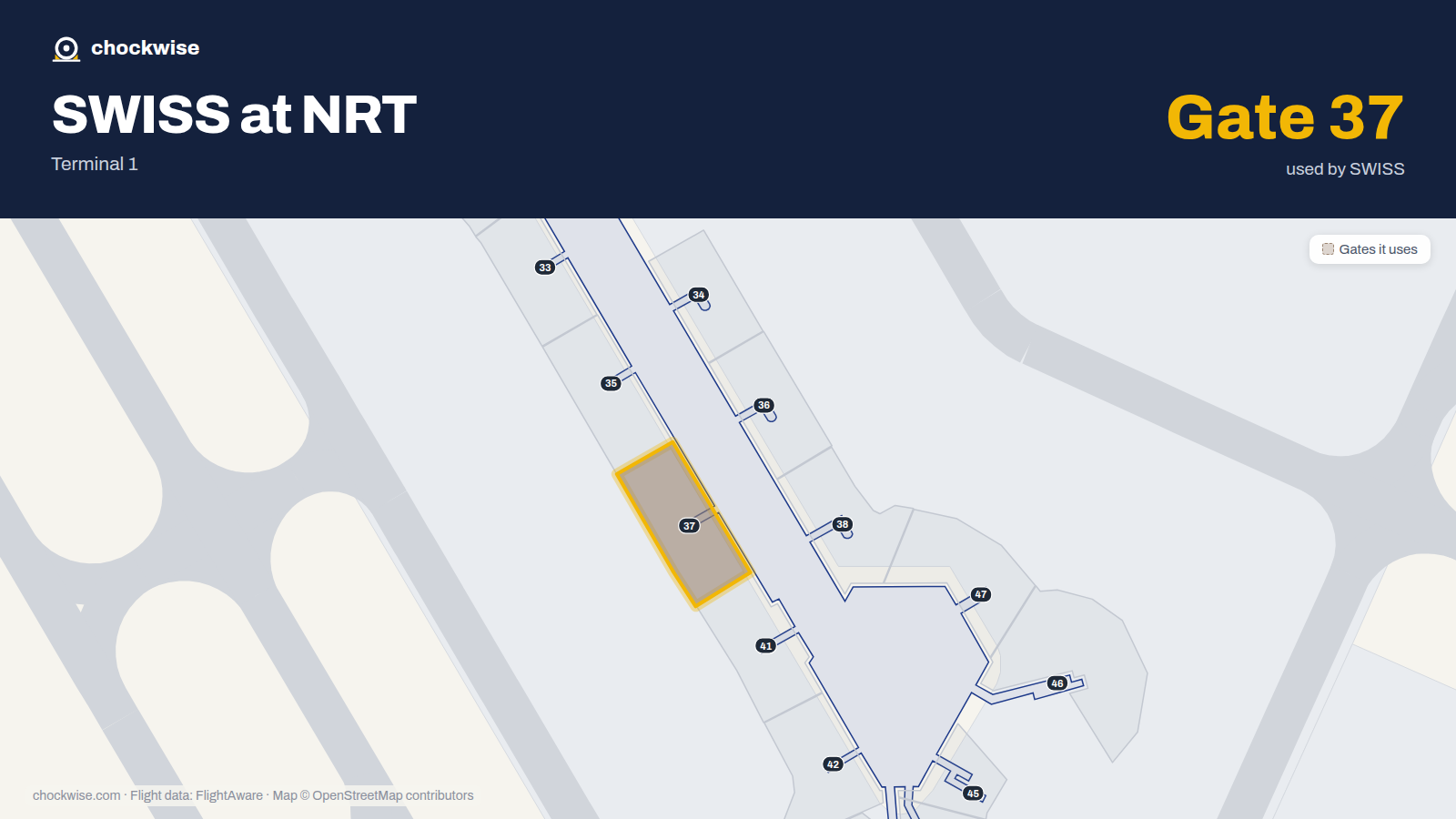 Map of NRT with the gates SWISS uses highlighted: 37.
