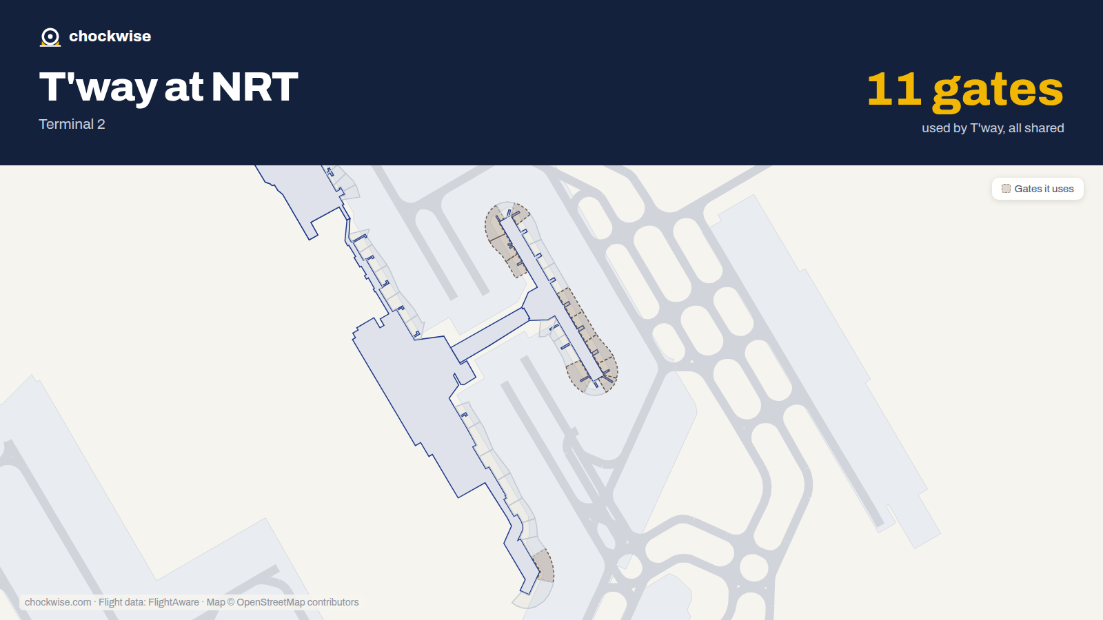 Map of NRT with the gates T'way Air uses highlighted: 67A, 82, 84, 86, 87, 91, 93, 95 and 3 more.