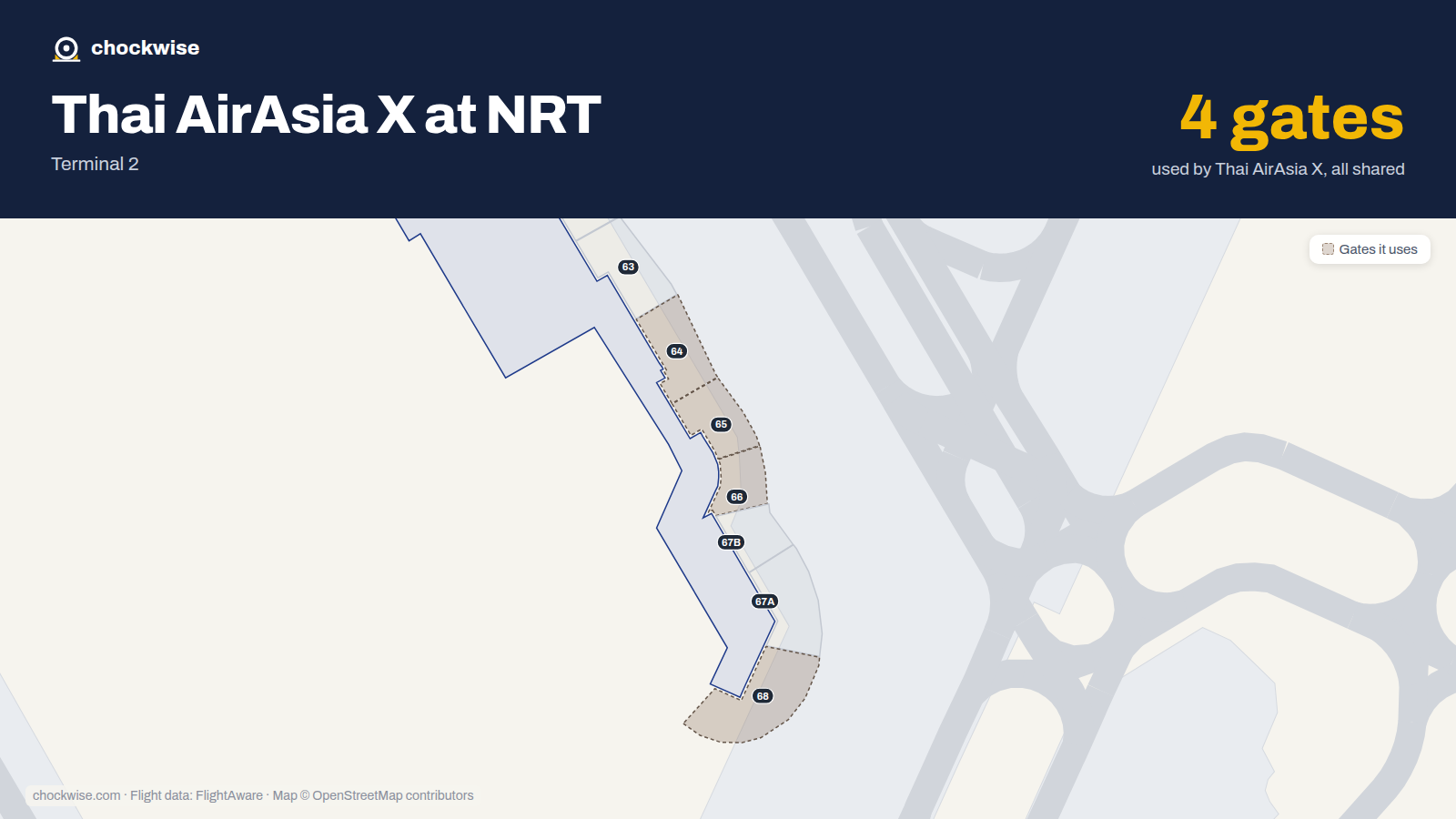 Map of NRT with the gates Thai AirAsia X uses highlighted: 64, 65, 66 and 68.