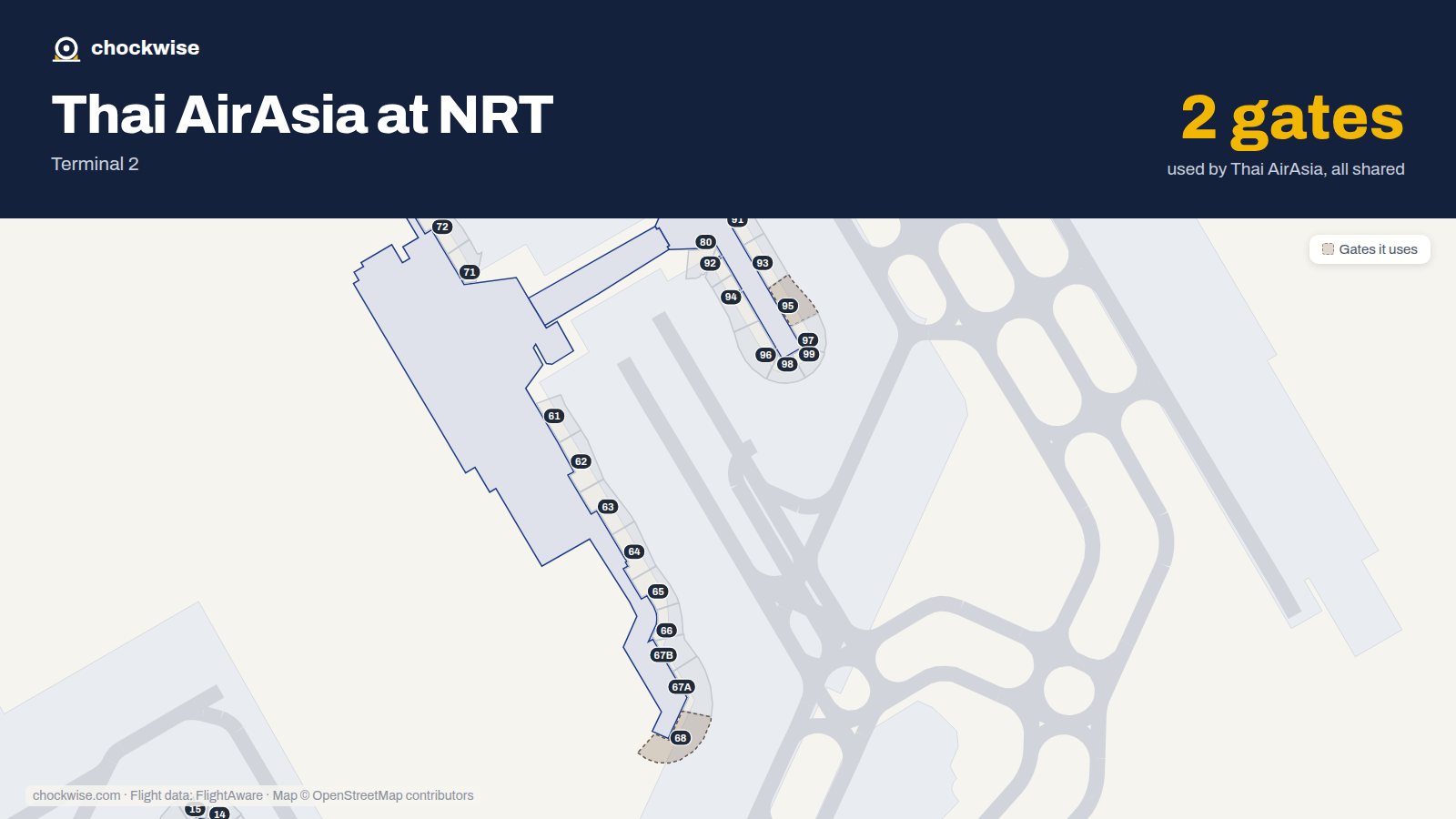 Map of NRT with the gates Thai AirAsia uses highlighted: 68 and 95.