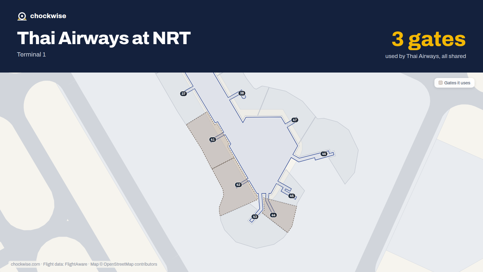 Map of NRT with the gates Thai Airways uses highlighted: 41, 42 and 44.