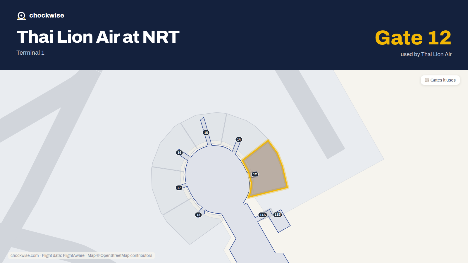 Map of NRT with the gates Thai Lion Air uses highlighted: 12.