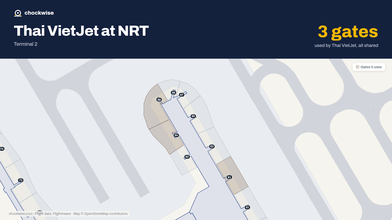Map of NRT with the gates Thai VietJet Air uses highlighted: 81, 84 and 86.