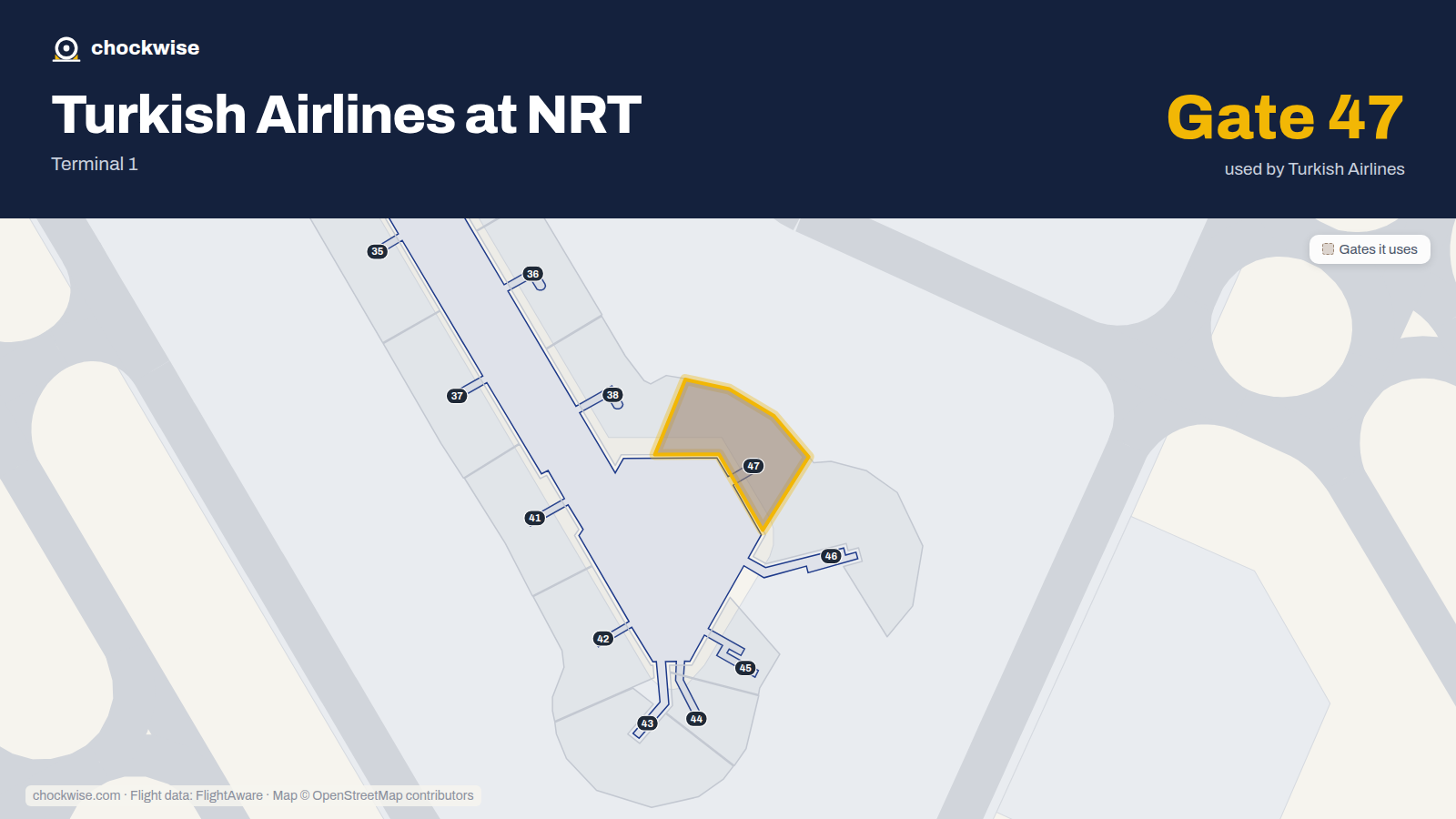Map of NRT with the gates Turkish Airlines uses highlighted: 47.