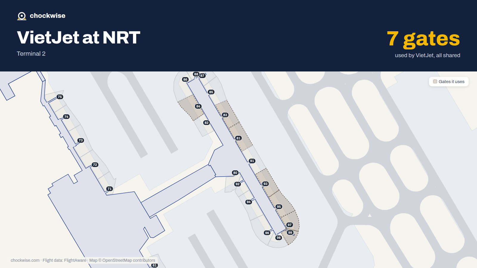 Map of NRT with the gates VietJet Air uses highlighted: 81, 83, 84, 93, 95, 97 and 99.