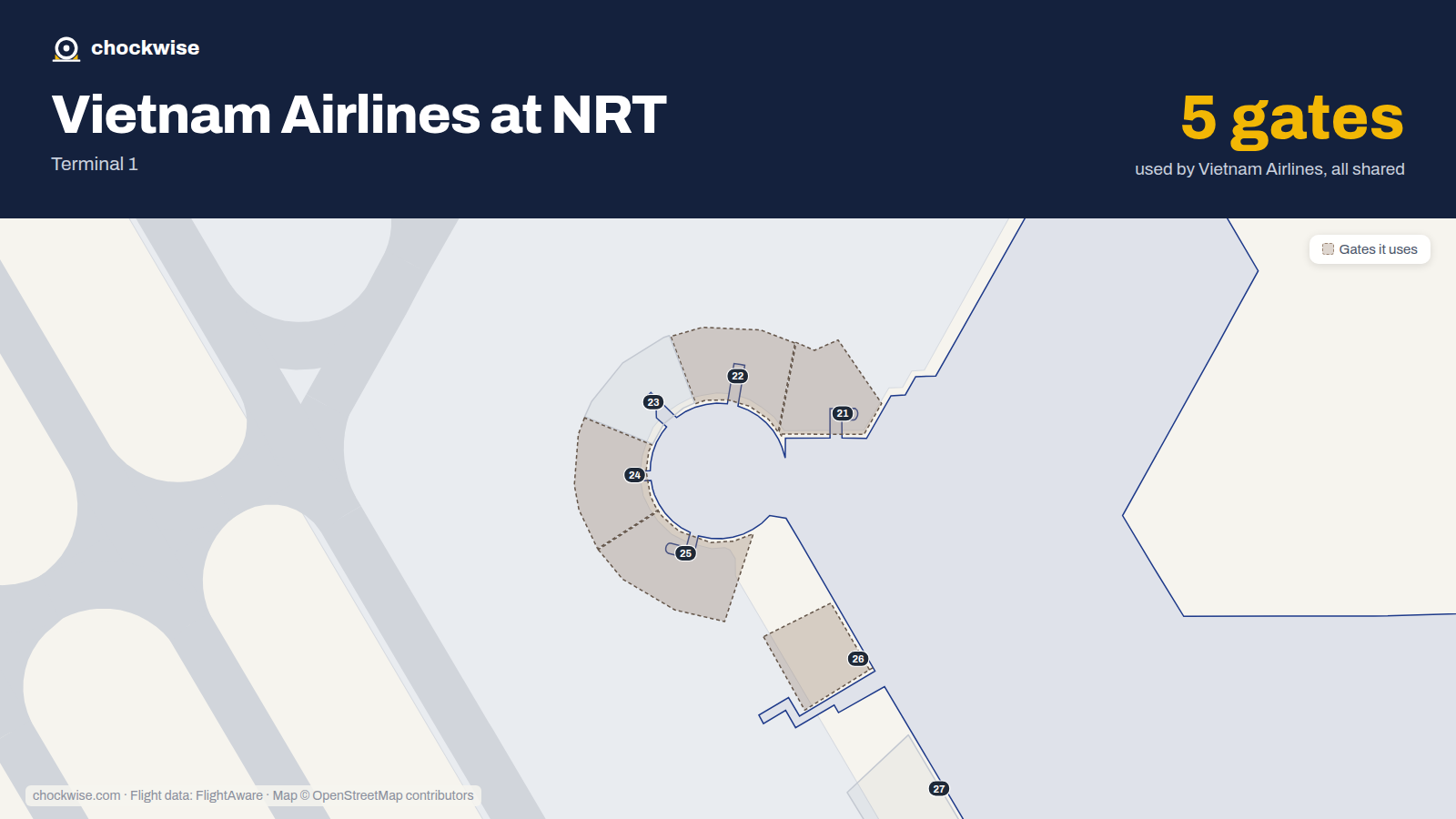 Map of NRT with the gates Vietnam Airlines uses highlighted: 21, 22, 24, 25 and 26.